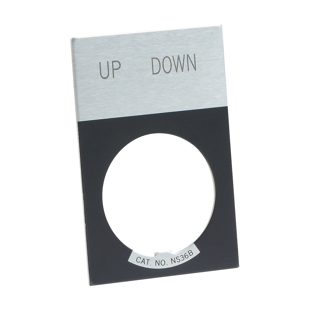 E22NS48 - Eaton legend plate, aluminum, rectangular, black field, silver background, black engraved text, legend plate marking "UP DOWN". For use with 22mm pilot devices.
