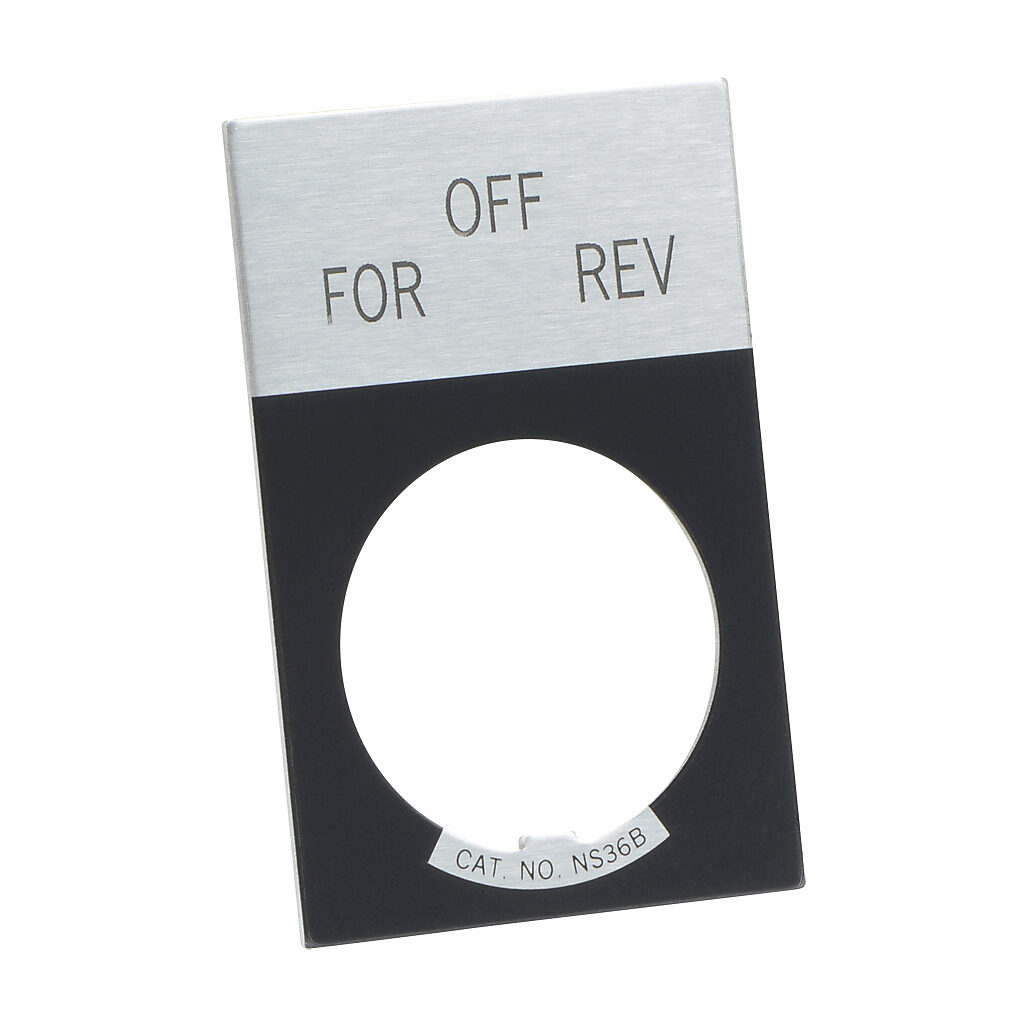 E22NS50 - Eaton legend plate, aluminum, rectangular, black field, silver background, black engraved text, legend plate marking "FOR OFF REV". For use with 22mm pilot devices.