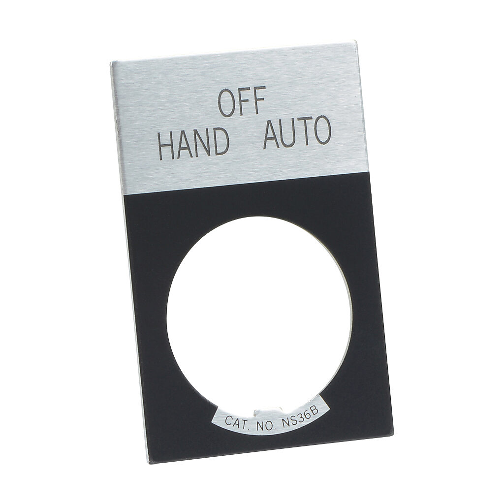 E22NS51 - Eaton legend plate, aluminum, rectangular, black field, silver background, black engraved text, legend plate marking "HAND OFF AUTO". For use with 22mm pilot devices.
