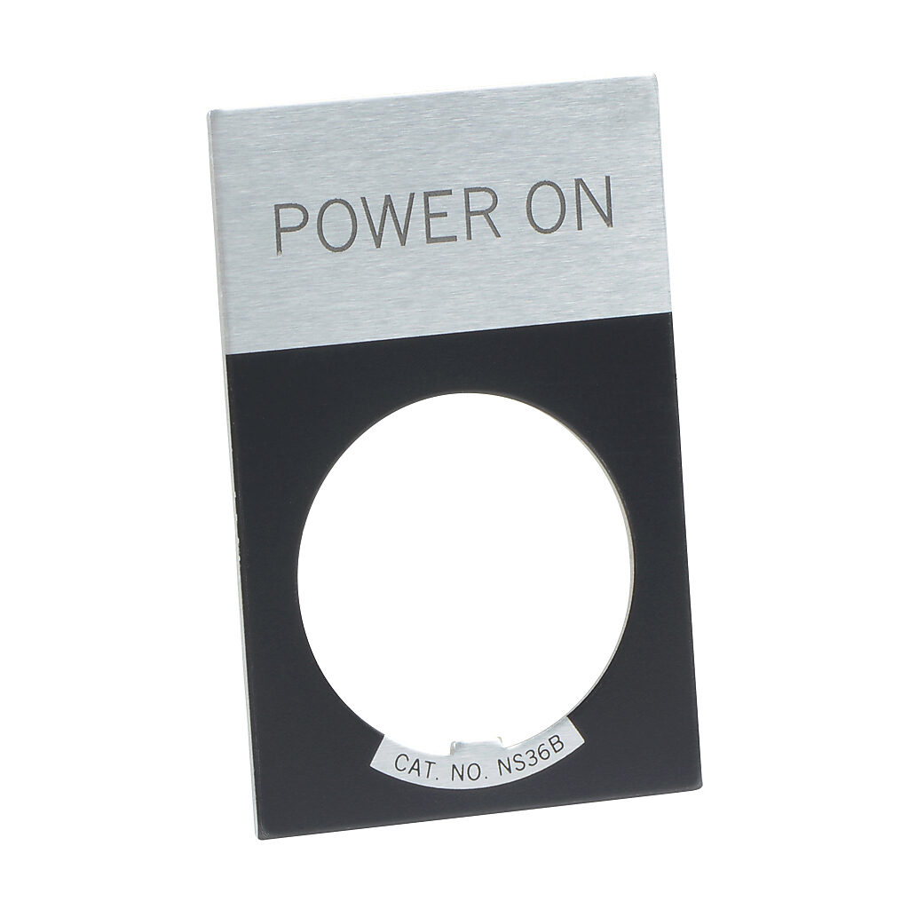 E22NS80 - Eaton legend plate, aluminum, rectangular, black field, silver background, black engraved text, legend plate marking "POWER ON". For use with 22mm pilot devices.