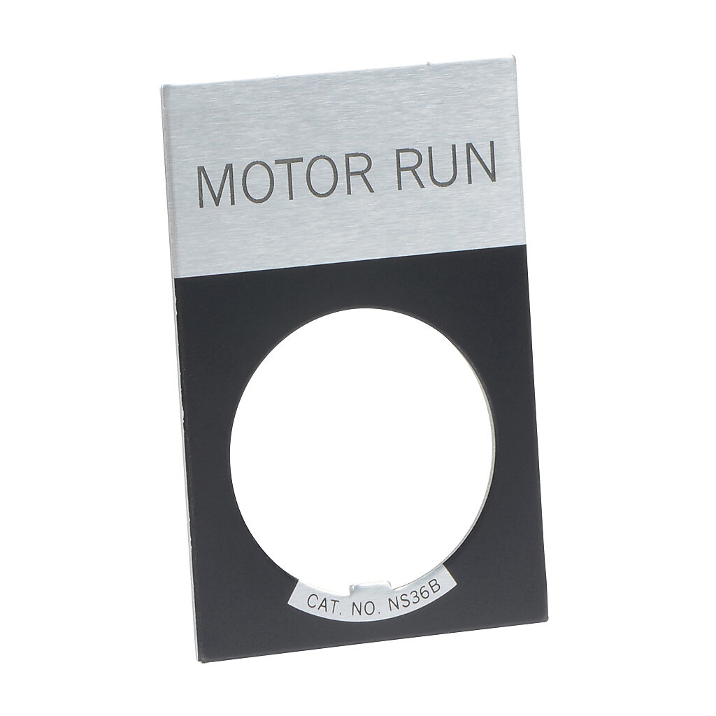 E22NS81 - Eaton legend plate, aluminum, rectangular, black field, silver background, black engraved text, legend plate marking "MOTOR RUN". For use with 22mm pilot devices.