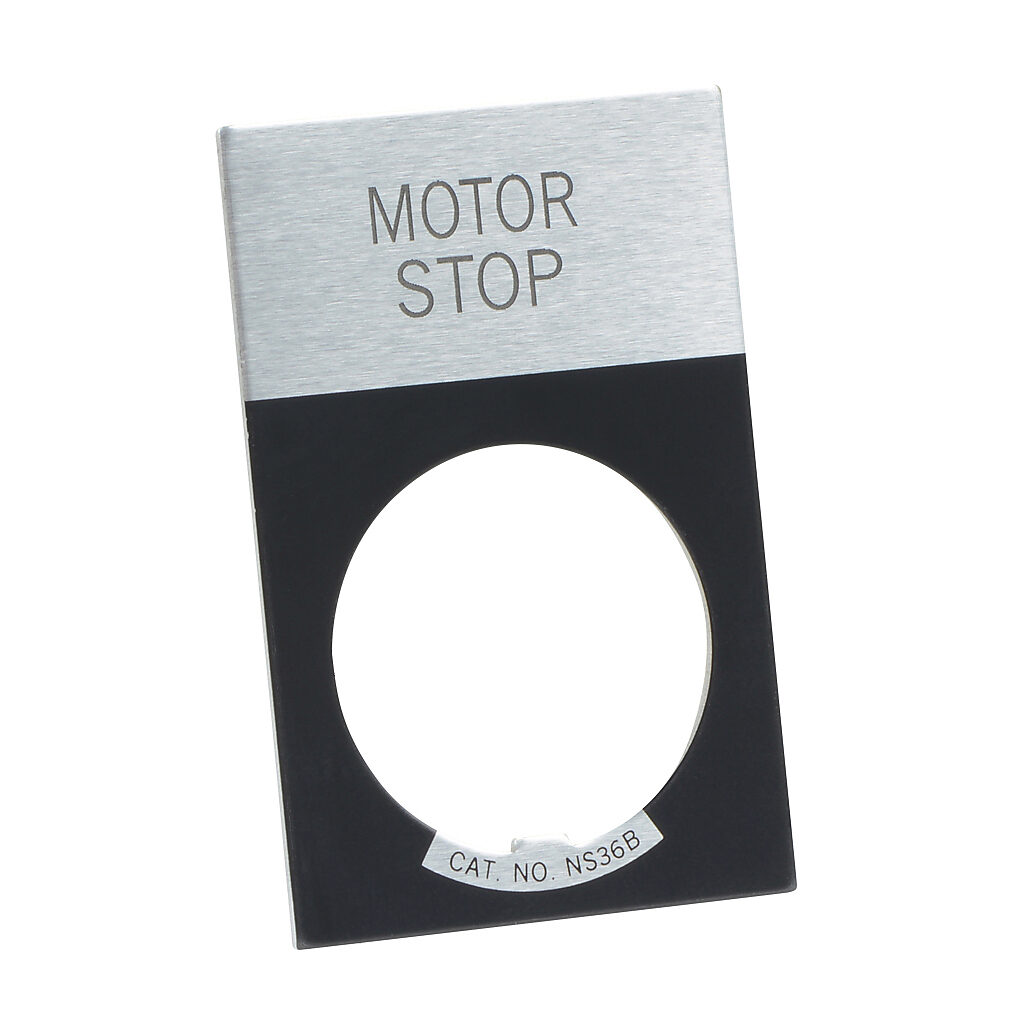 E22NS82 - Eaton legend plate, aluminum, rectangular, black field, silver background, black engraved text, legend plate marking "MOTOR STOP". For use with 22mm pilot devices.