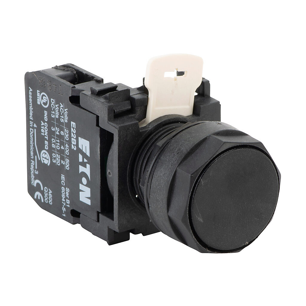 E22PB1A - Eaton pushbutton, 22mm, momentary, (1) N.O. contact(s), plastic base, plastic bezel, Operator: black, flush, 28mm, round, plastic.