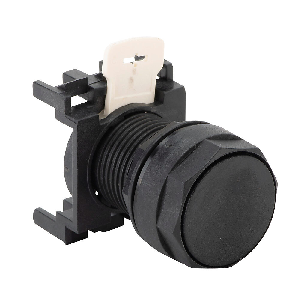E22PPB1 - Eaton pushbutton, 22mm, push to lock, push to reset, operator only, plastic base, plastic bezel, Operator: black, flush, 28mm, round, plastic.