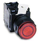 E22TB2X10B - Eaton pushbutton, 22mm, momentary, incandescent illuminated, (1) N.C. contact(s), plastic base, plastic bezel, Operator: red, extended, 28mm, round, plastic, 120 VAC/VDC, resistor.