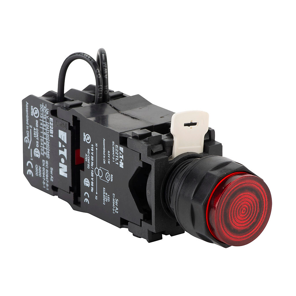 E22TB2X27 - Eaton incandescent indicating light, permanent light function, 22mm, push-to-test, red, 29mm, round, plastic base, 120 VAC, transformer.