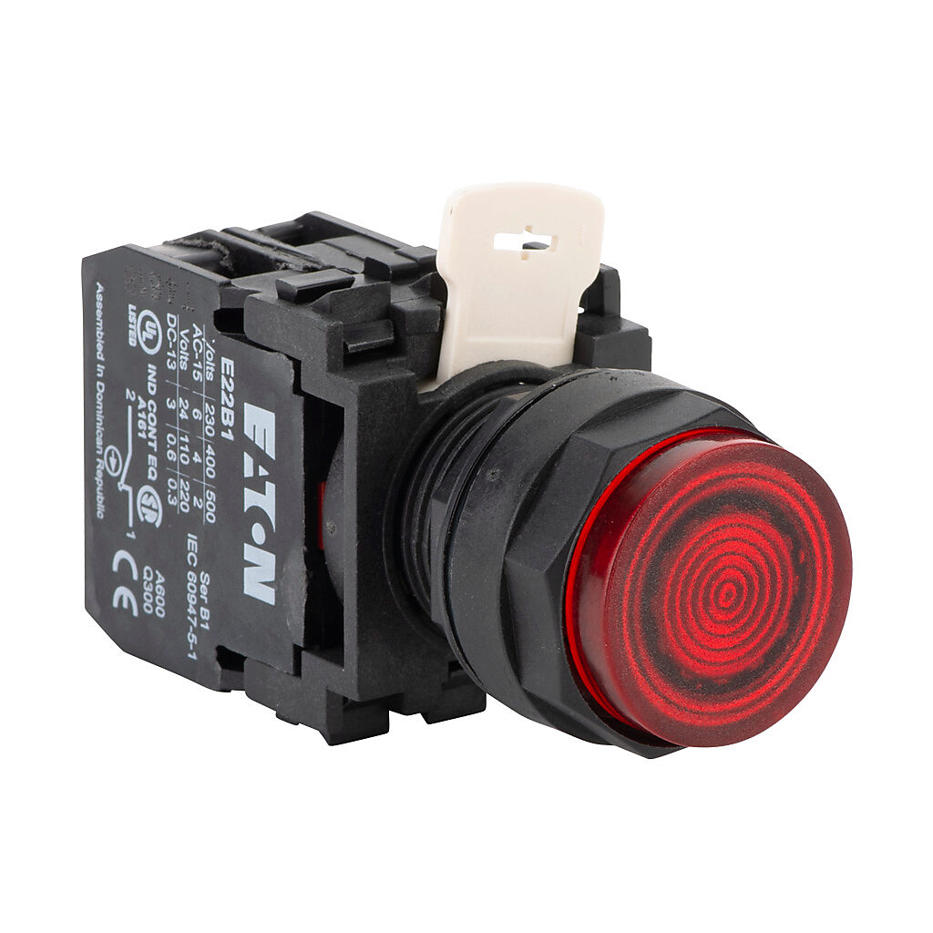 E22TB2X4B - Eaton pushbutton, 22mm, momentary, incandescent illuminated, (1) N.C. contact(s), plastic base, plastic bezel, Operator: red, extended, 28mm, round, plastic, 24 VAC/VDC, full voltage.