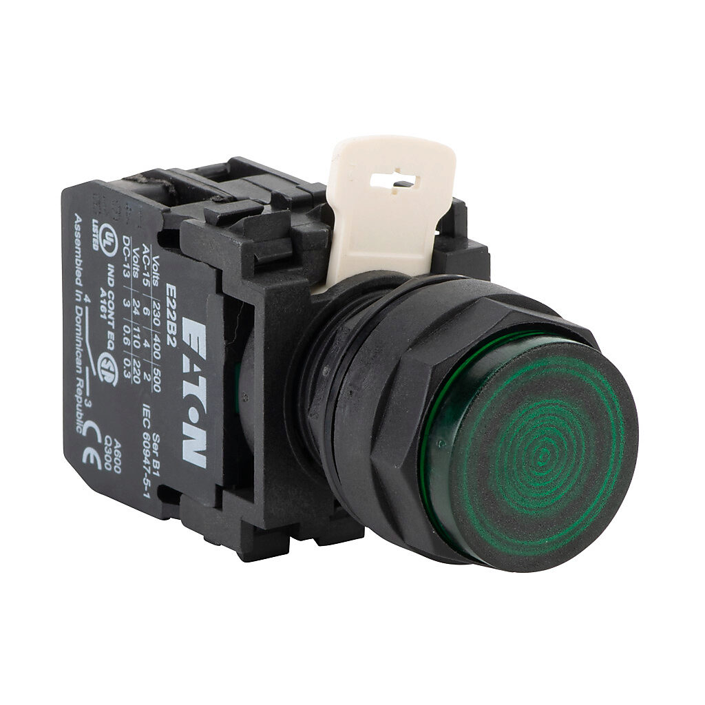 E22TB3X4A - Eaton pushbutton, 22mm, momentary, incandescent illuminated, (1) N.O. contact(s), plastic base, plastic bezel, Operator: green, extended, 28mm, round, plastic, 24 VAC/VDC, full voltage.
