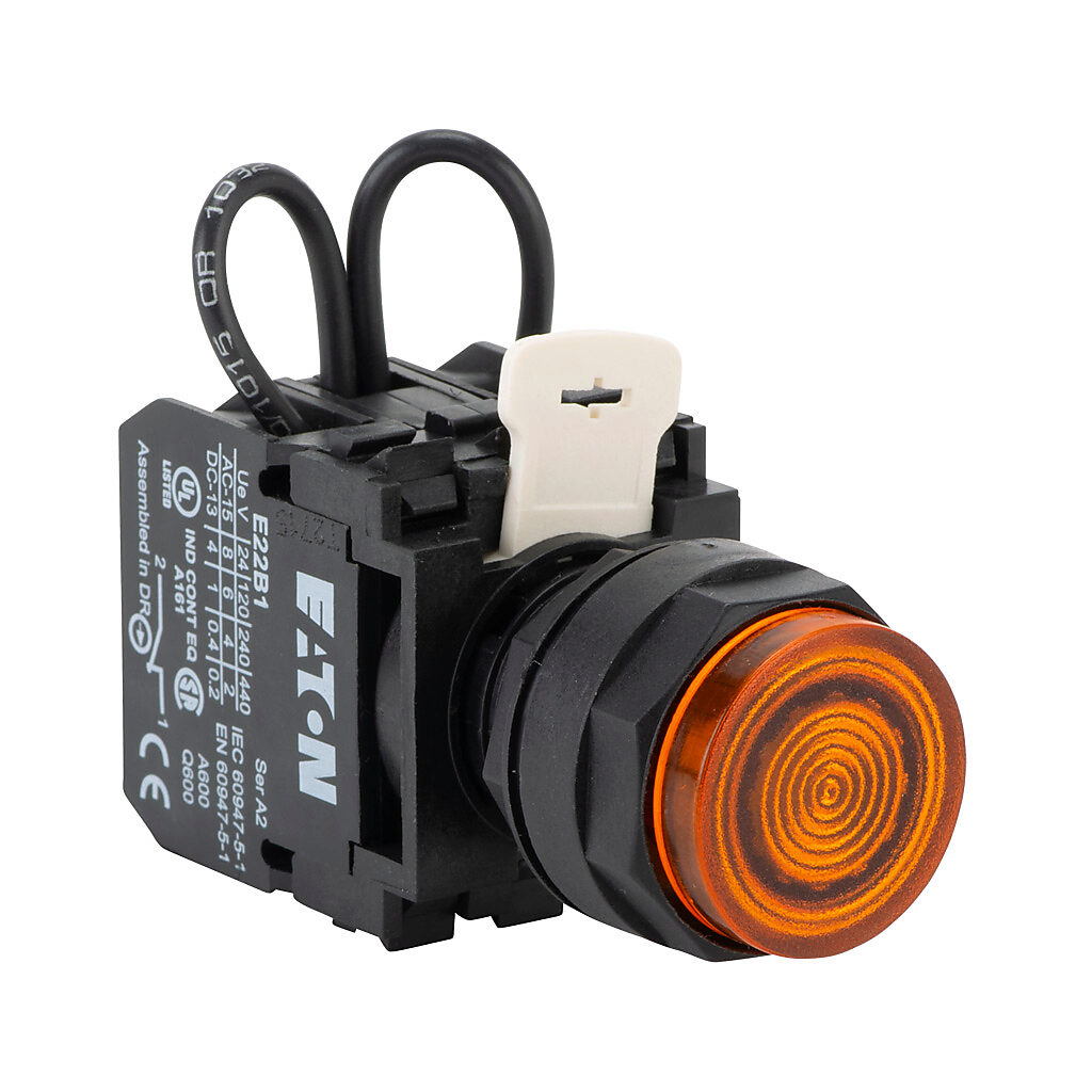 E22TB9X26 - Eaton incandescent indicating light, permanent light function, 22mm, push-to-test, amber, 29mm, round, plastic base, 120 VAC/VDC, resistor.