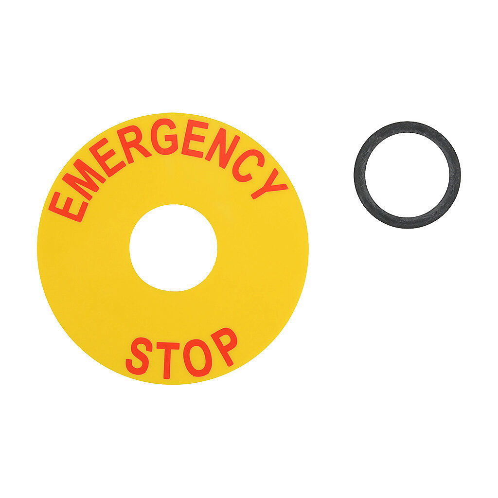 E22VA8 - Eaton oversized legend plate, plastic, round, yellow field, yellow background, red engraved text, legend plate marking "EMERGENCY STOP". For use with 22mm pilot devices.