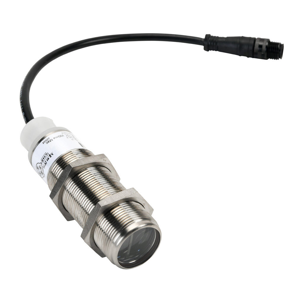 E58-30DP150-GLP - Eaton photoelectric sensor, tubular, threaded, background suppression, visible red, 150mm sensing distance, light-on, solid state relay, 30mm diameter X 89mm body, 303 stainless steel, 7in cable length, 4-pin AC micro 1/2in - 20U...