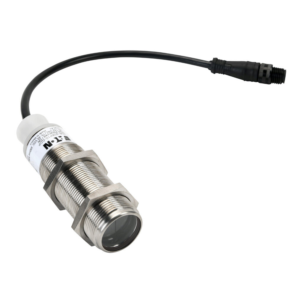E58-30RP10-GDP - Eaton photoelectric sensor, tubular, threaded, polarized retroreflective, visible red, 10m sensing distance, dark-on, solid state relay, 3-wire, 4-pin AC micro 1/2in - 20UNF thread.