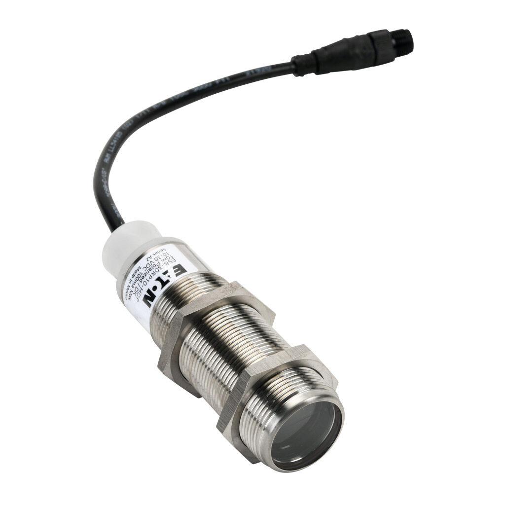 E58-30RP10-HDP - Eaton photoelectric sensor, tubular, threaded, polarized retroreflective, visible red, 10m sensing distance, dark-on, NPN/PNP, 4-wire, 4-pin M12 quick-disconnect.