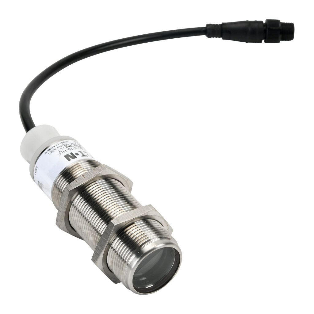E58-30RP10-HLP - Eaton photoelectric sensor, tubular, threaded, polarized retroreflective, visible red, 10m sensing distance, light-on, NPN/PNP, 4-wire, 4-pin M12 quick-disconnect.
