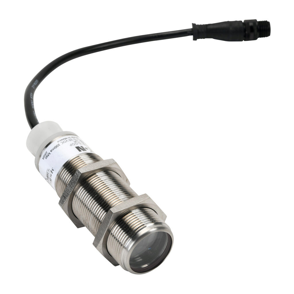 E58-30RS18-GDP - Eaton photoelectric sensor, tubular, threaded, retroreflective, visible red, 18m sensing distance, dark-on, solid state relay, 3-wire, 4-pin AC micro 1/2in - 20UNF thread.