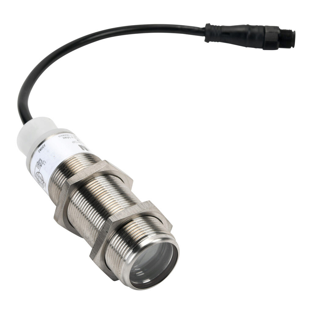 E58-30RS18-HDP - Eaton photoelectric sensor, tubular, threaded, retroreflective, visible red, 18m sensing distance, dark-on, NPN/PNP, 4-wire, 4-pin M12 quick-disconnect.