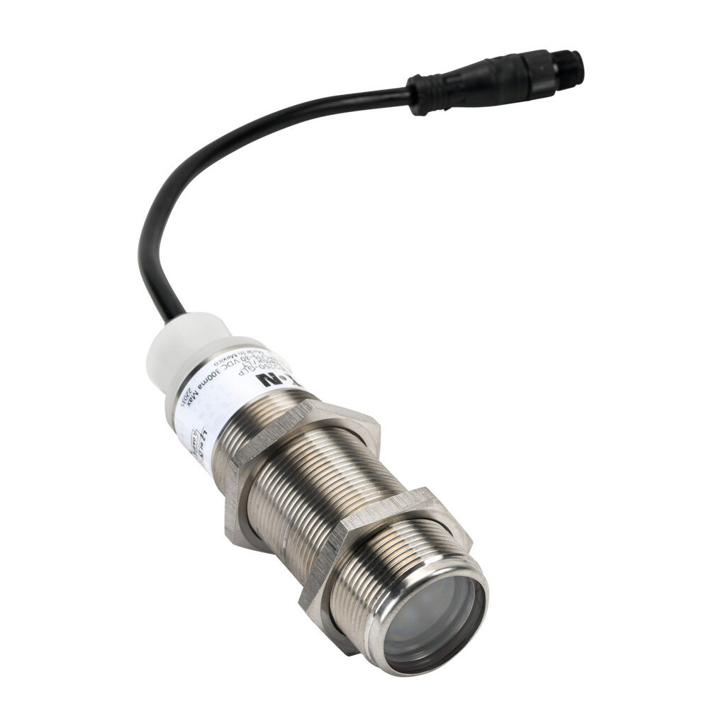 E58-30TD250-GLP - Eaton photoelectric sensor, tubular, threaded, through-beam receiver, 250m sensing distance, light-on, solid state relay, 15-30 VDC/20-132 VAC operating voltage, 30mm diameter X 89mm body, 303 stainless steel, 3-wire, 4-pin AC mi...