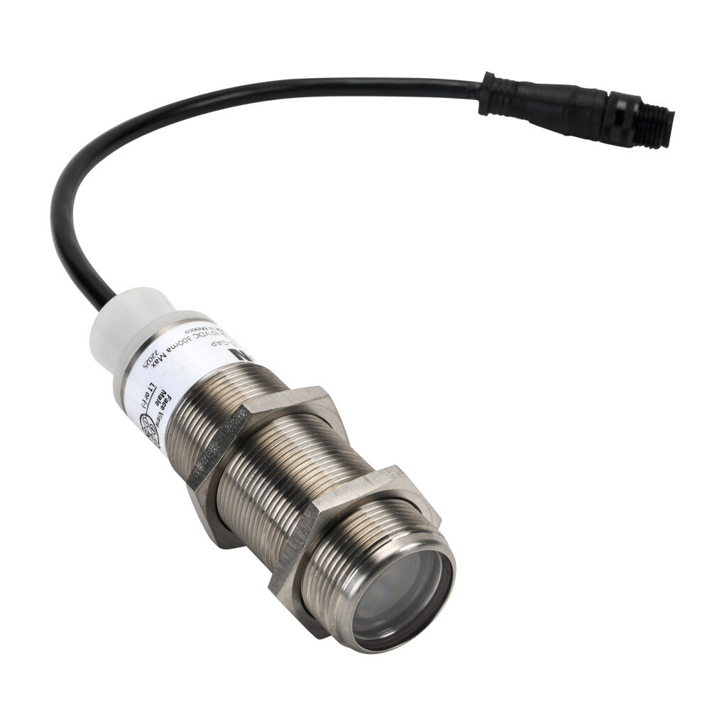 E58-30TS250-GAP - Eaton photoelectric sensor, tubular, threaded, through-beam emitter, visible red, 250m sensing distance, 15-30 VDC/20-132 VAC operating voltage, 30mm diameter X 89mm body, 303 stainless steel, 2-wire, 4-pin AC micro 1/2in - 20UNF...