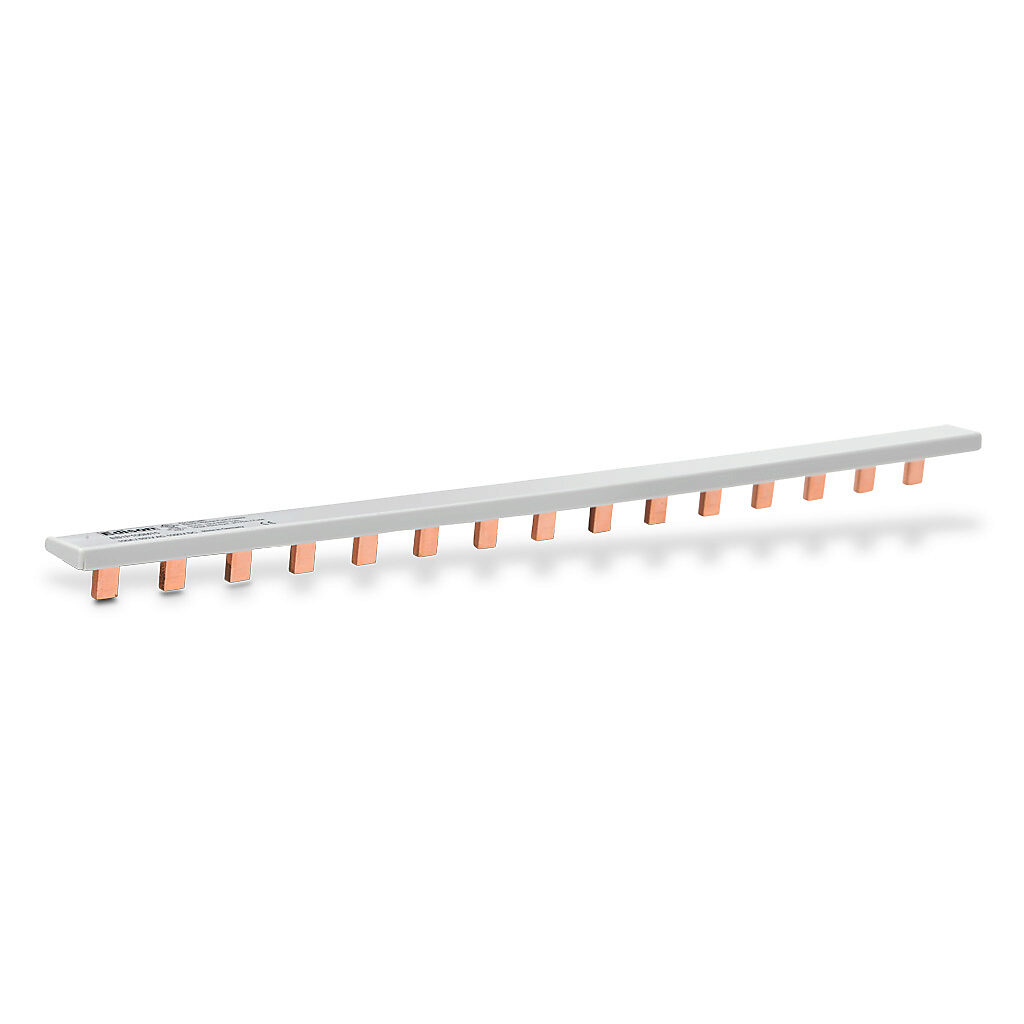 EB1P100M15 - Edison busbar, 100A, 600 VAC/1000 VDC, 15 -pin, cut to length permitted, connects up to (15) 1-pole Edison EHM or EHCC series fuse holders. (2) EECAP1P end caps included.