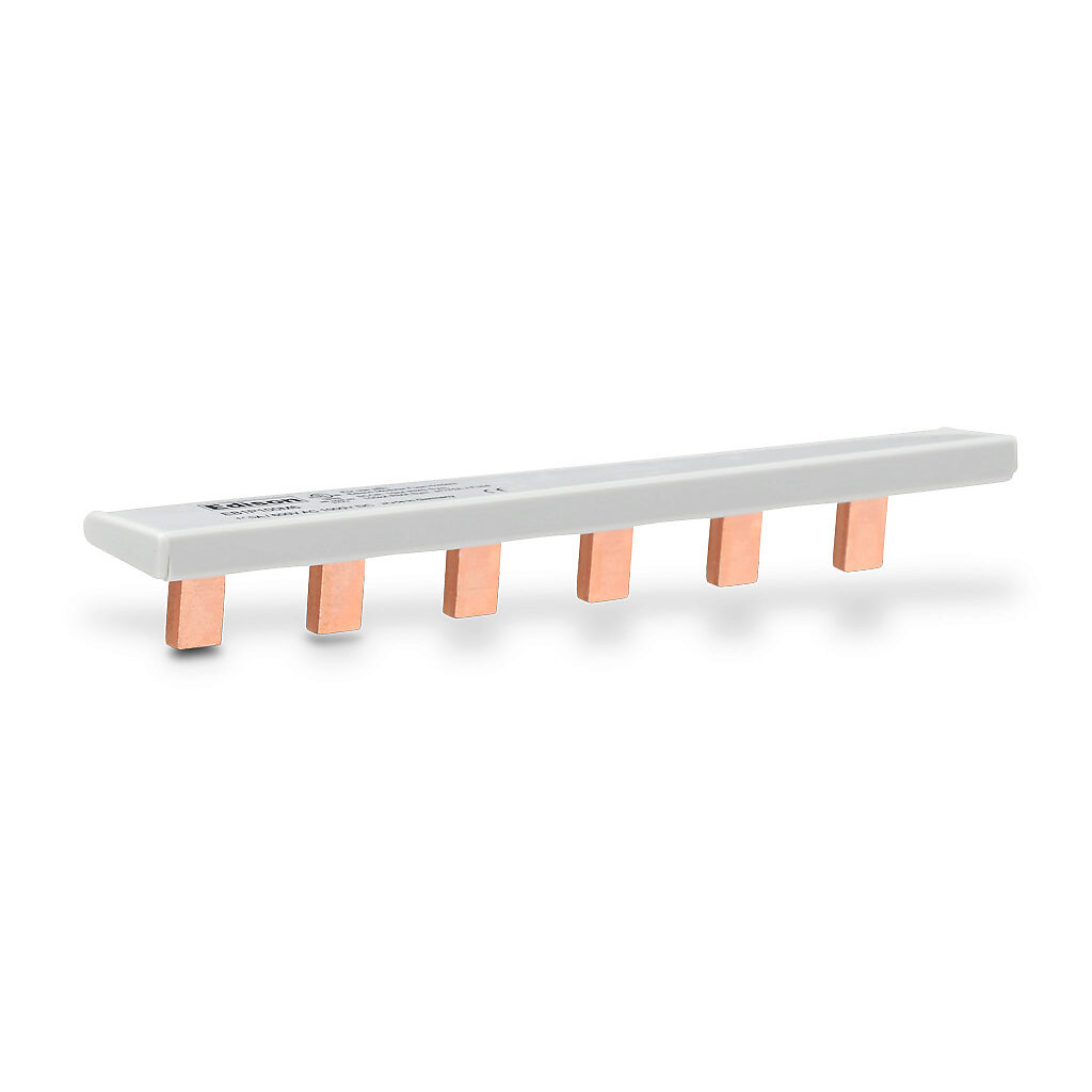 EB1P100M6 - Edison busbar, 100A, 600 VAC/1000 VDC, 6 -pin, cut to length permitted, connects up to (6) 1-pole Edison EHM or EHCC series fuse holders. (2) EECAP1P end caps included.