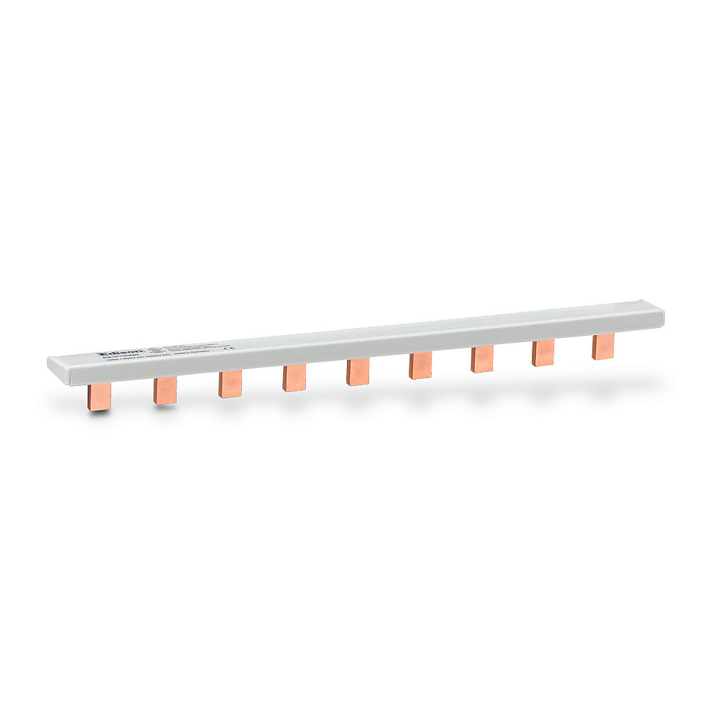 EB1P100M9 - Edison busbar, 100A, 600 VAC/1000 VDC, 9 -pin, cut to length permitted, connects up to (9) 1-pole Edison EHM or EHCC series fuse holders. (2) EECAP1P end caps included.