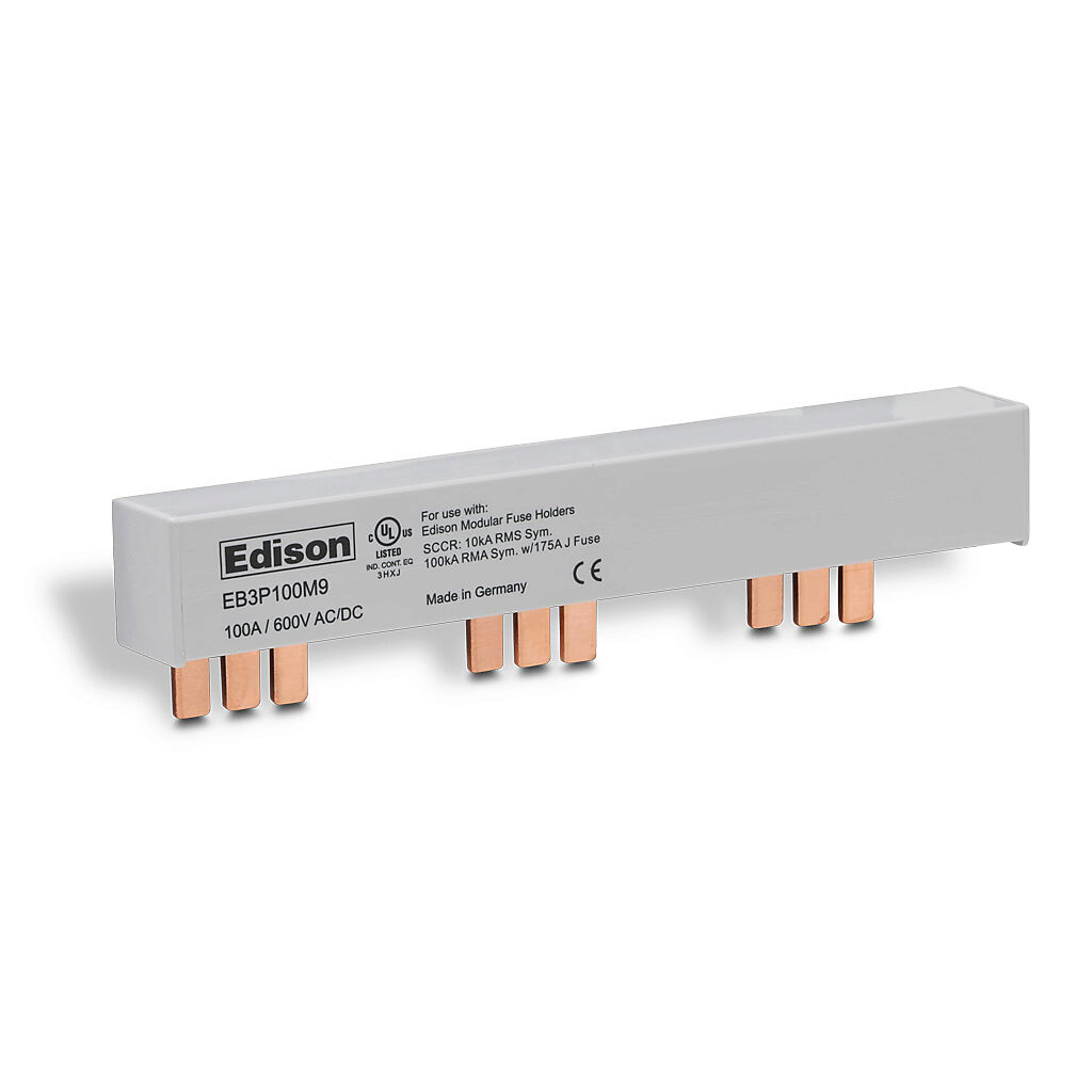 EB3P100M9 - Edison busbar, 100A, 600 VAC/VDC, 9 -pin, cut to length permitted, connects up to (3) 3-pole Edison EHM or EHCC series fuse holders. (2) EECAPMP end caps included.