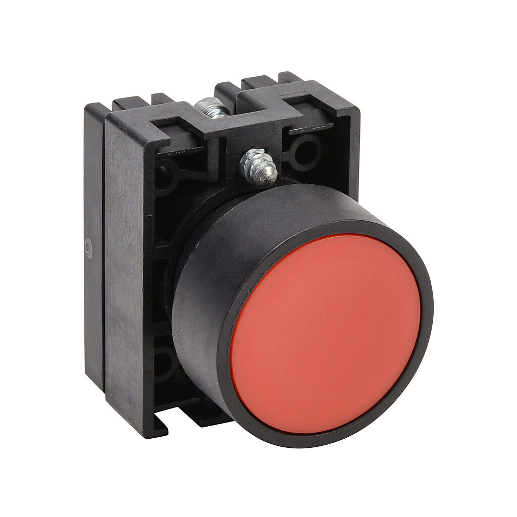 ECP3101 - NITRA pneumatic pushbutton, IP65, 22mm, momentary, operator only, plastic base, plastic bezel, black, Operator: red, flush, 30mm, round, plastic.