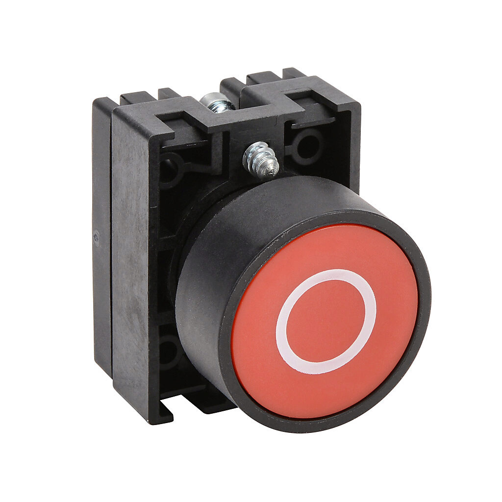 ECP3106 - NITRA pneumatic pushbutton, IP65, 22mm, momentary, operator only, plastic base, plastic bezel, black, Operator: red, flush, 30mm, round, plastic, operator text "(O)".