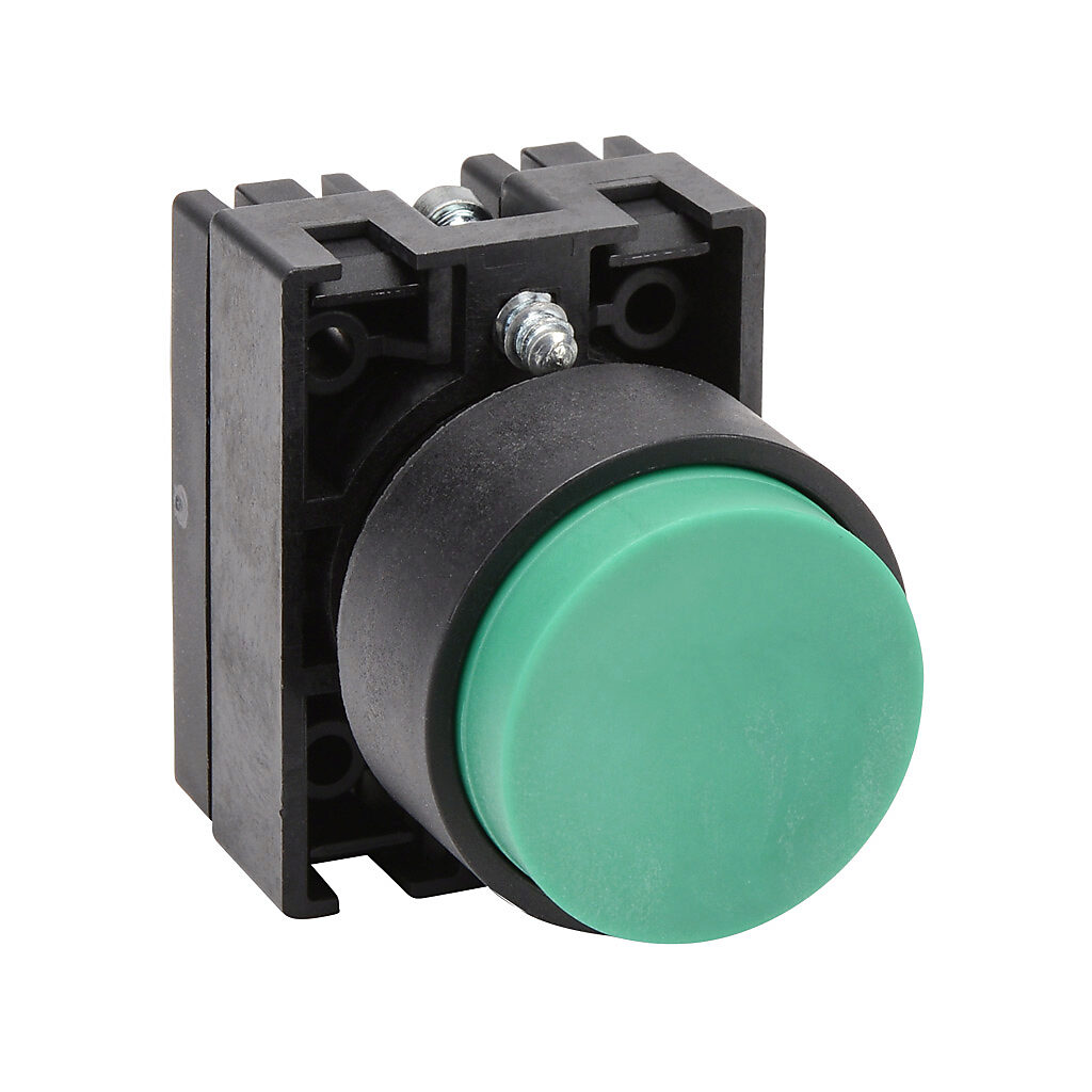 ECP3112 - NITRA pneumatic pushbutton, IP65, 22mm, momentary, operator only, plastic base, plastic bezel, black, Operator: green, extended, 30mm, round, plastic.