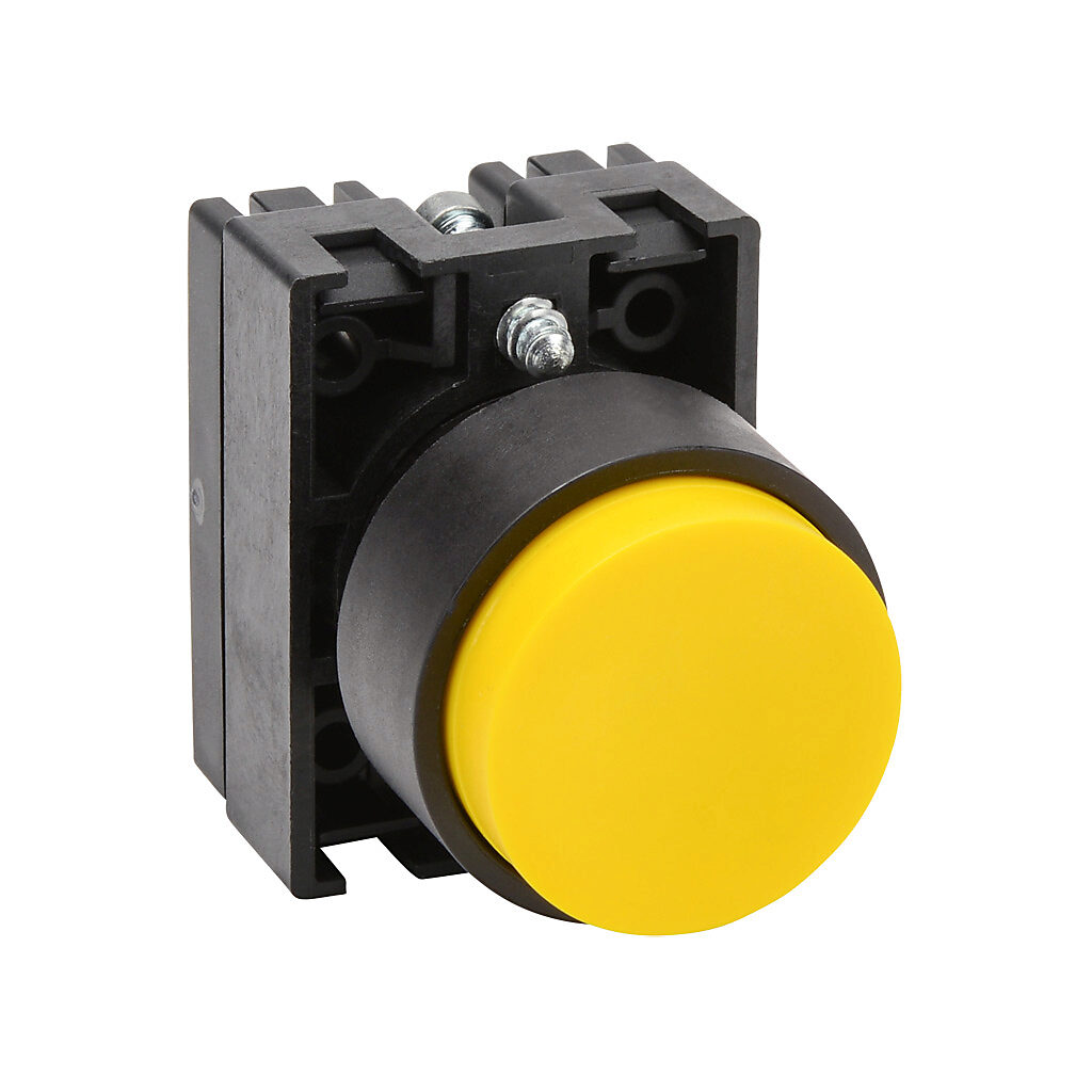 ECP3113 - NITRA pneumatic pushbutton, IP65, 22mm, momentary, operator only, plastic base, plastic bezel, black, Operator: yellow, extended, 30mm, round, plastic.