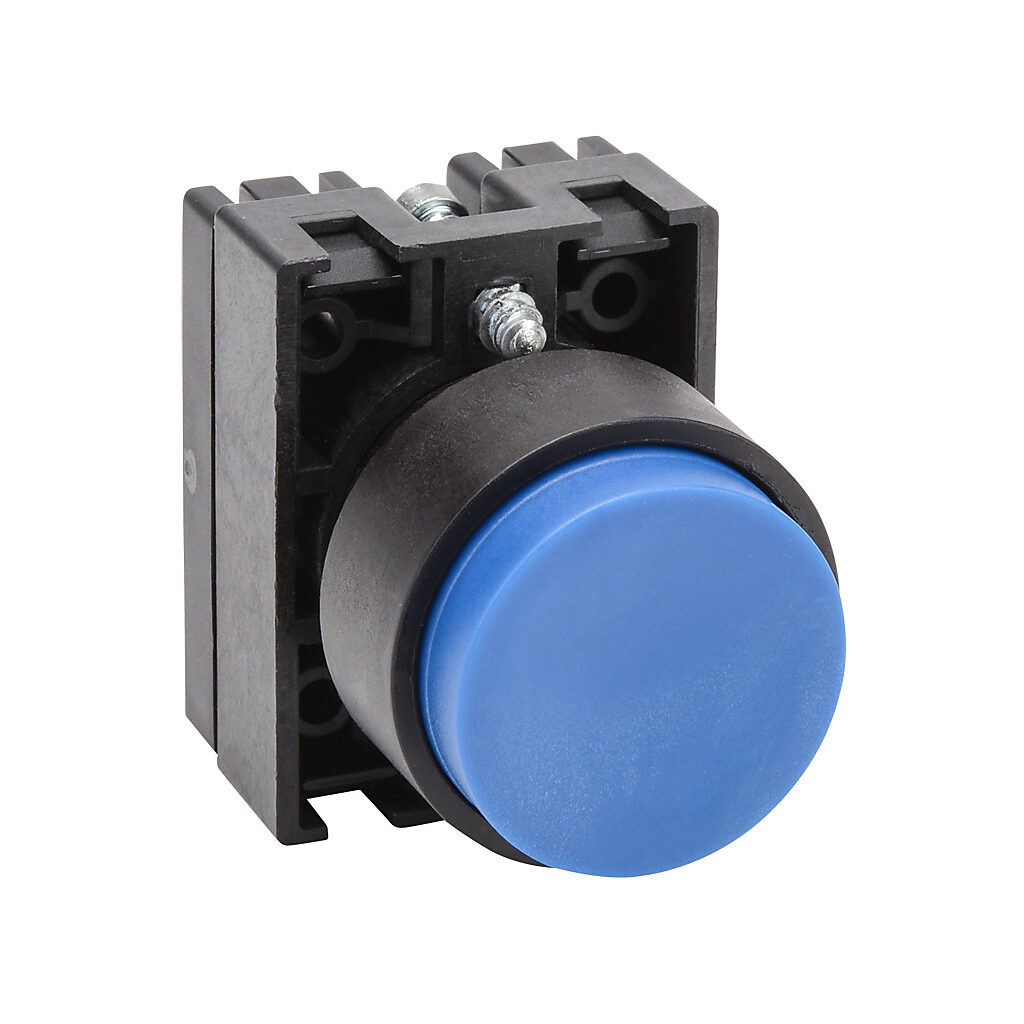 ECP3114 - NITRA pneumatic pushbutton, IP65, 22mm, momentary, operator only, plastic base, plastic bezel, black, Operator: blue, extended, 30mm, round, plastic.