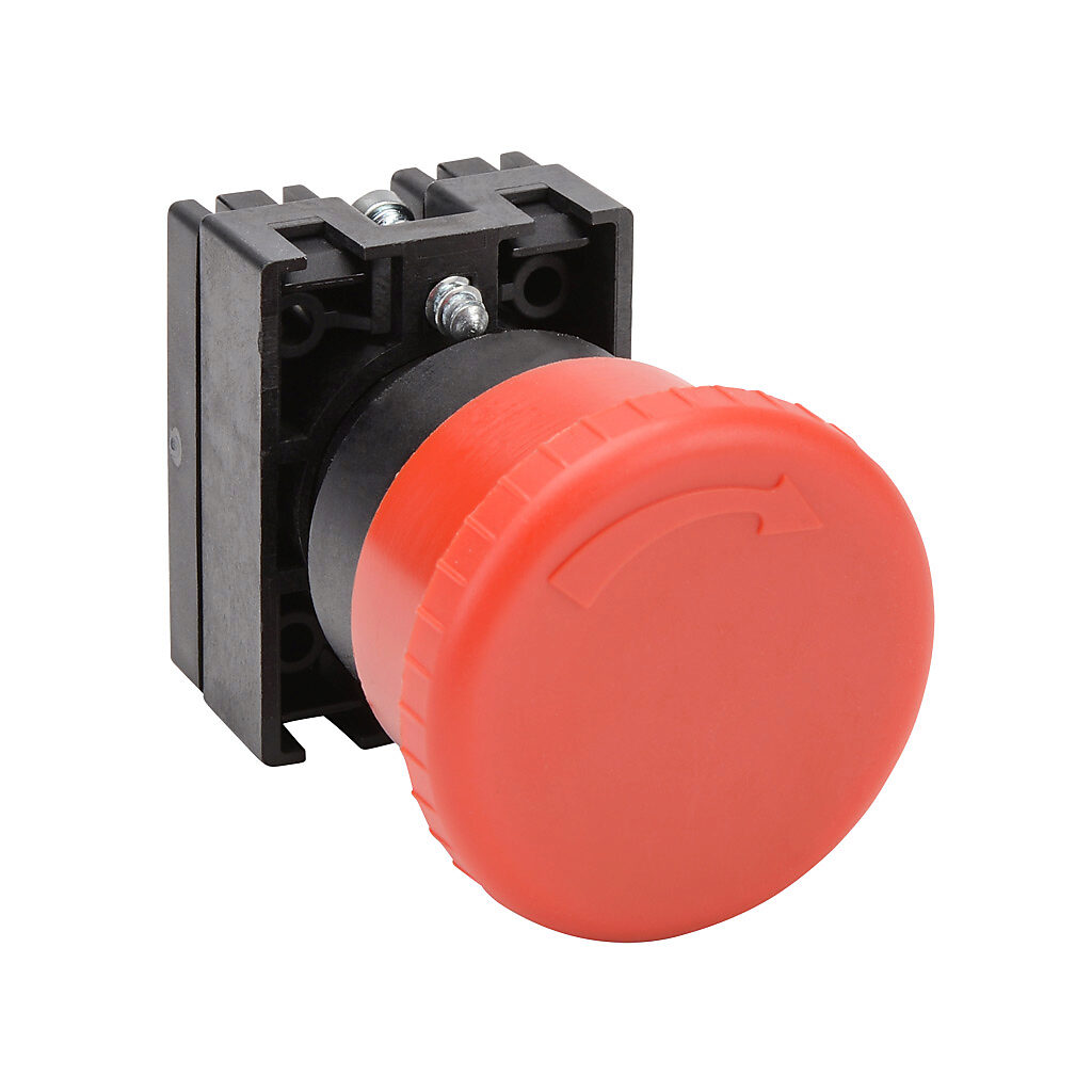 ECP3131 - NITRA pneumatic emergency stop pushbutton, IP65, 22mm, twist-to-release, operator only, plastic base, plastic bezel, black, Operator: red, mushroom, 40mm, round, plastic.