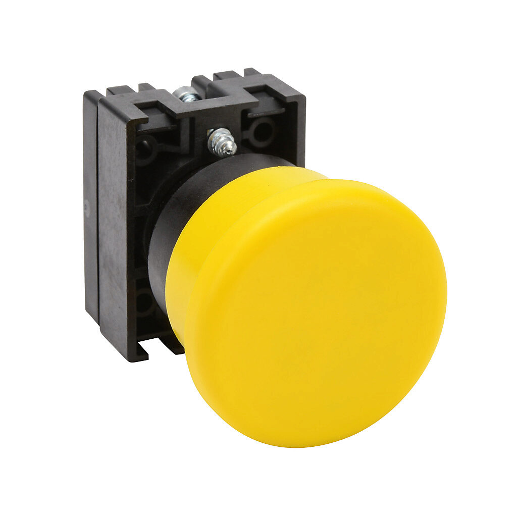 ECP3139 - NITRA pneumatic pushbutton, IP65, 22mm, momentary, operator only, plastic base, plastic bezel, black, Operator: yellow, mushroom, 40mm, round, plastic.