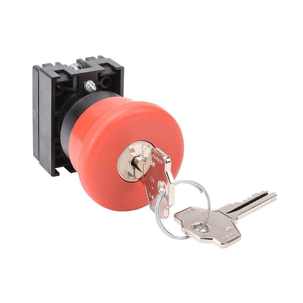 ECP3141 - NITRA pneumatic pushbutton, IP65, 22mm, key operated release, operator only, plastic base, plastic bezel, black, Operator: red, mushroom, 40mm, round, plastic.
