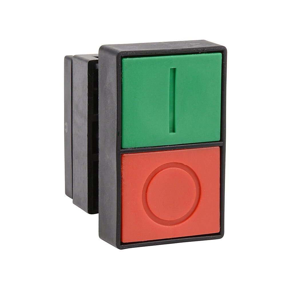 ECP3152 - NITRA pneumatic pushbutton, IP65, 22mm, momentary, operator only, plastic base, plastic bezel, black, Operator: red/green, double headed, 49mm, rectangular, plastic, operator text "(I) and (O)".