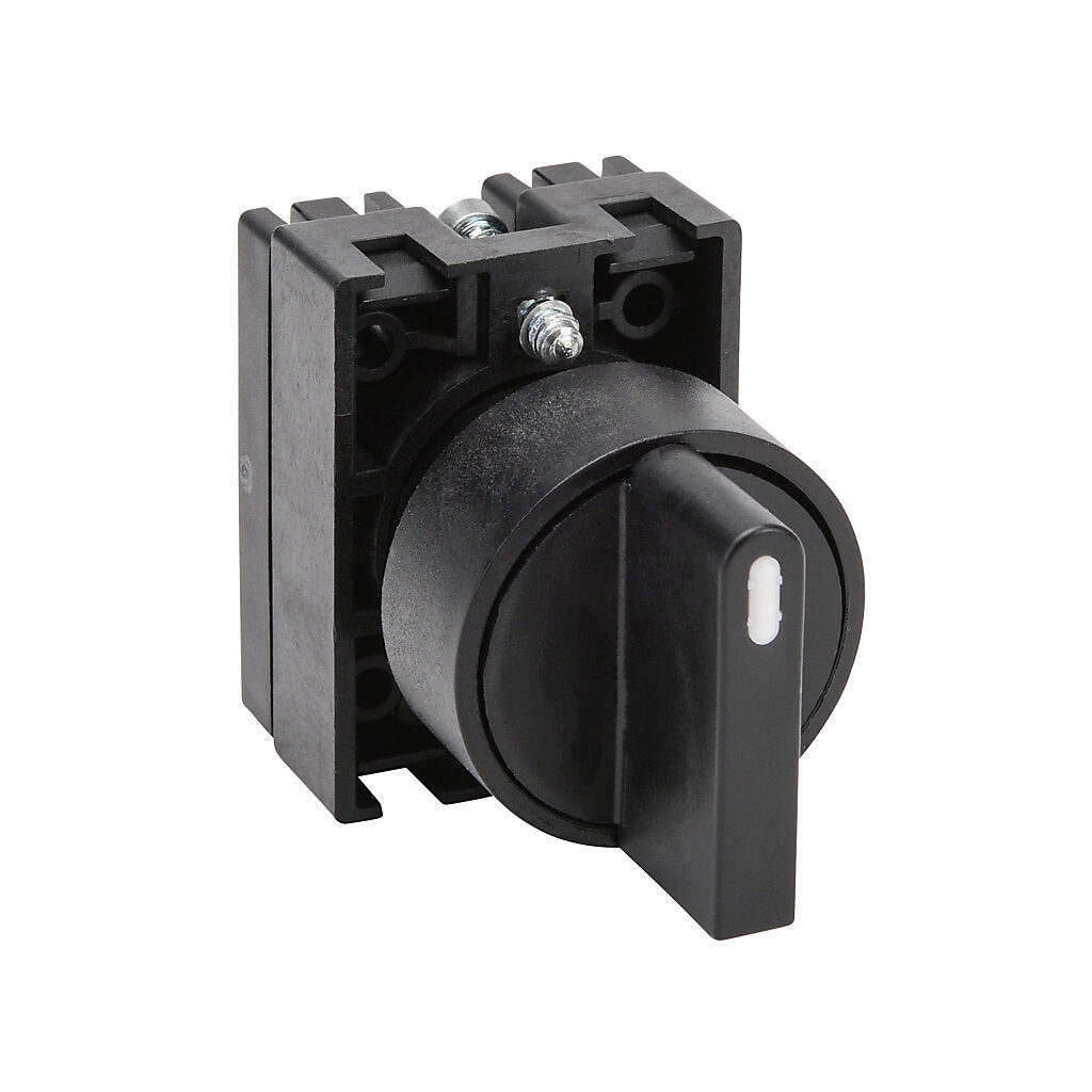ECP3330 - NITRA pneumatic selector switch, IP65, 22mm, 3-position, spring return to center from right or left, operator only, plastic base, plastic bezel, Operator: black, knob, 30mm, round, plastic.