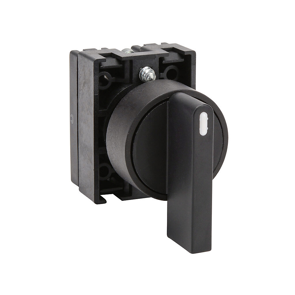 ECP3380 - NITRA pneumatic selector switch, IP65, 22mm, 3-position, spring return to center from right or left, operator only, plastic base, plastic bezel, Operator: black, lever, 30mm, round, plastic.