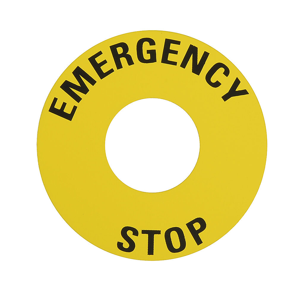 ECX1651 - AutomationDirect oversized legend plate, plastic, round, yellow field, yellow background, black engraved text, legend plate marking "EMERGENCY STOP". For use with 22mm pilot devices.