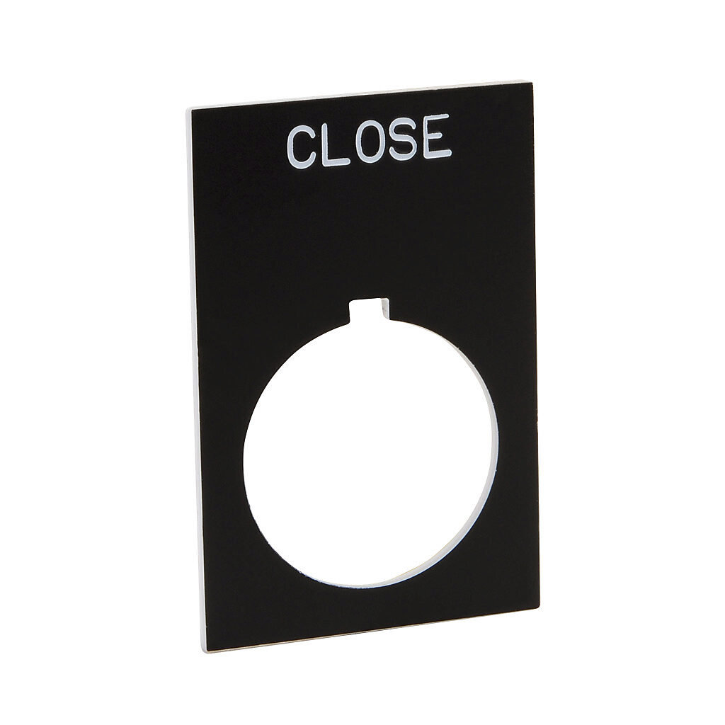 ECX1670-B01 - AutomationDirect legend plate, plastic, rectangular, black field, black background, white engraved text, legend plate marking "CLOSE". For use with 22mm pilot devices. O-ring included.