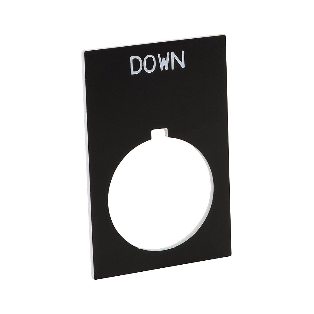 ECX1670-B02 - AutomationDirect legend plate, plastic, rectangular, black field, black background, white engraved text, legend plate marking "DOWN". For use with 22mm pilot devices. O-ring included.