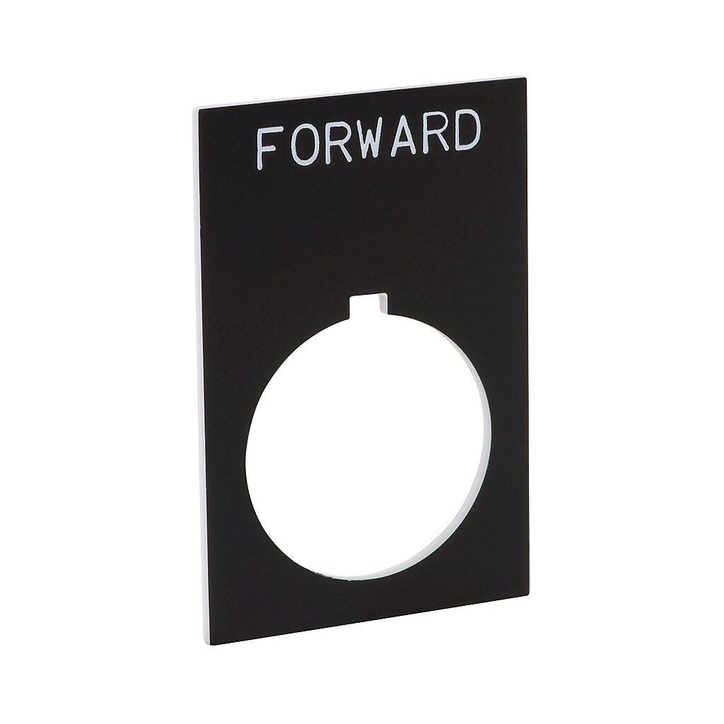 ECX1670-B04 - AutomationDirect legend plate, plastic, rectangular, black field, black background, white engraved text, legend plate marking "FORWARD". For use with 22mm pilot devices. O-ring included.