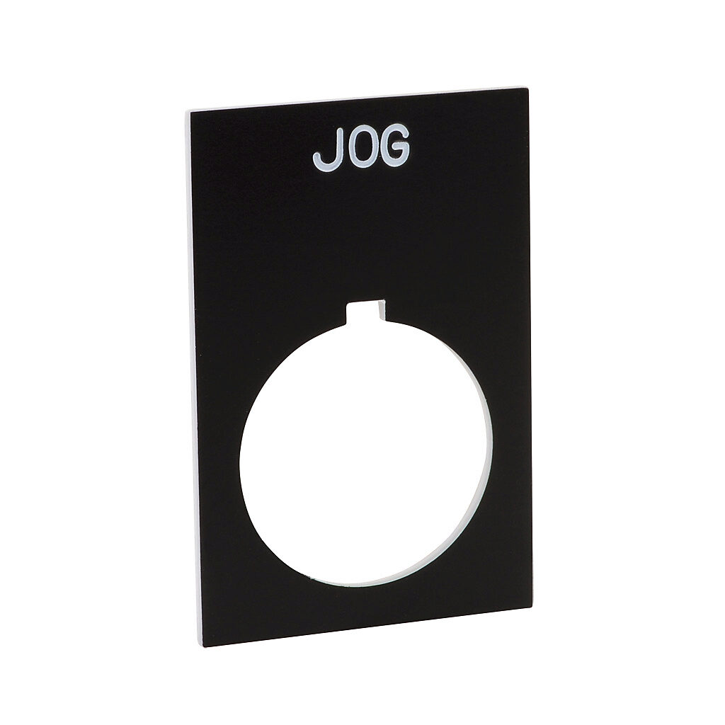ECX1670-B05 - AutomationDirect legend plate, plastic, rectangular, black field, black background, white engraved text, legend plate marking "JOG". For use with 22mm pilot devices. O-ring included.