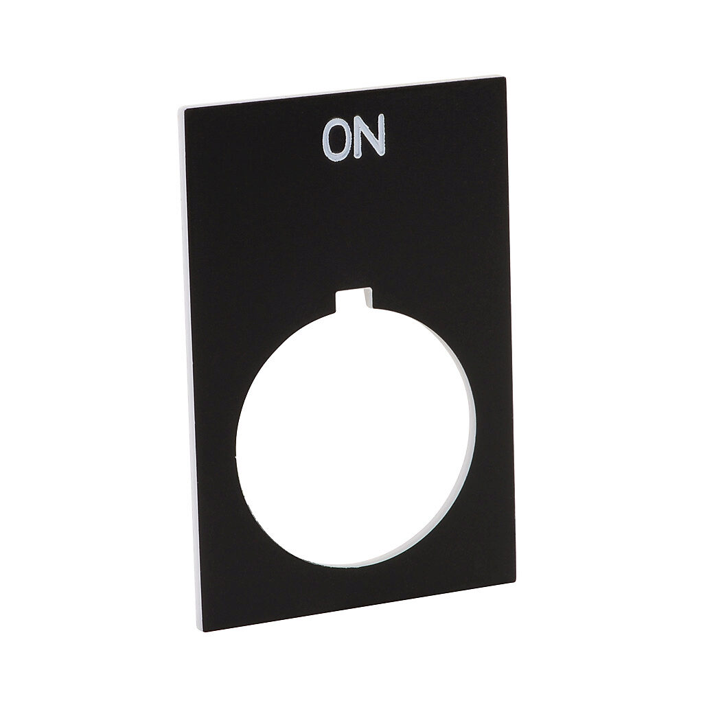 ECX1670-B06 - AutomationDirect legend plate, plastic, rectangular, black field, black background, white engraved text, legend plate marking "ON". For use with 22mm pilot devices. O-ring included.