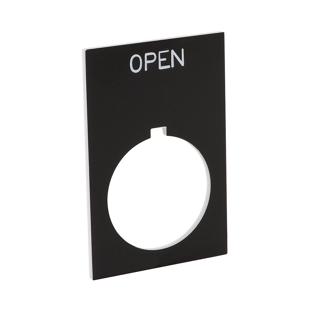 ECX1670-B07 - AutomationDirect legend plate, plastic, rectangular, black field, black background, white engraved text, legend plate marking "OPEN". For use with 22mm pilot devices. O-ring included.