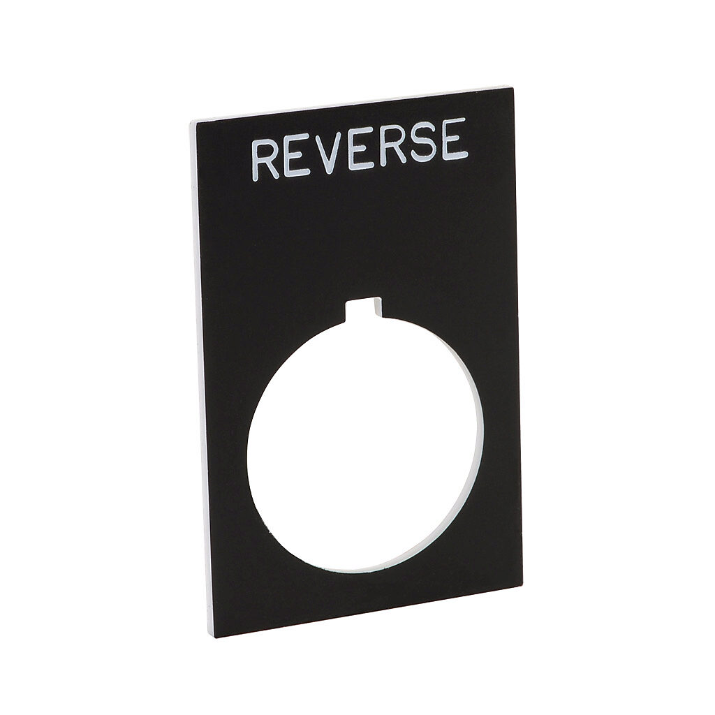 ECX1670-B08 - AutomationDirect legend plate, plastic, rectangular, black field, black background, white engraved text, legend plate marking "REVERSE". For use with 22mm pilot devices. O-ring included.
