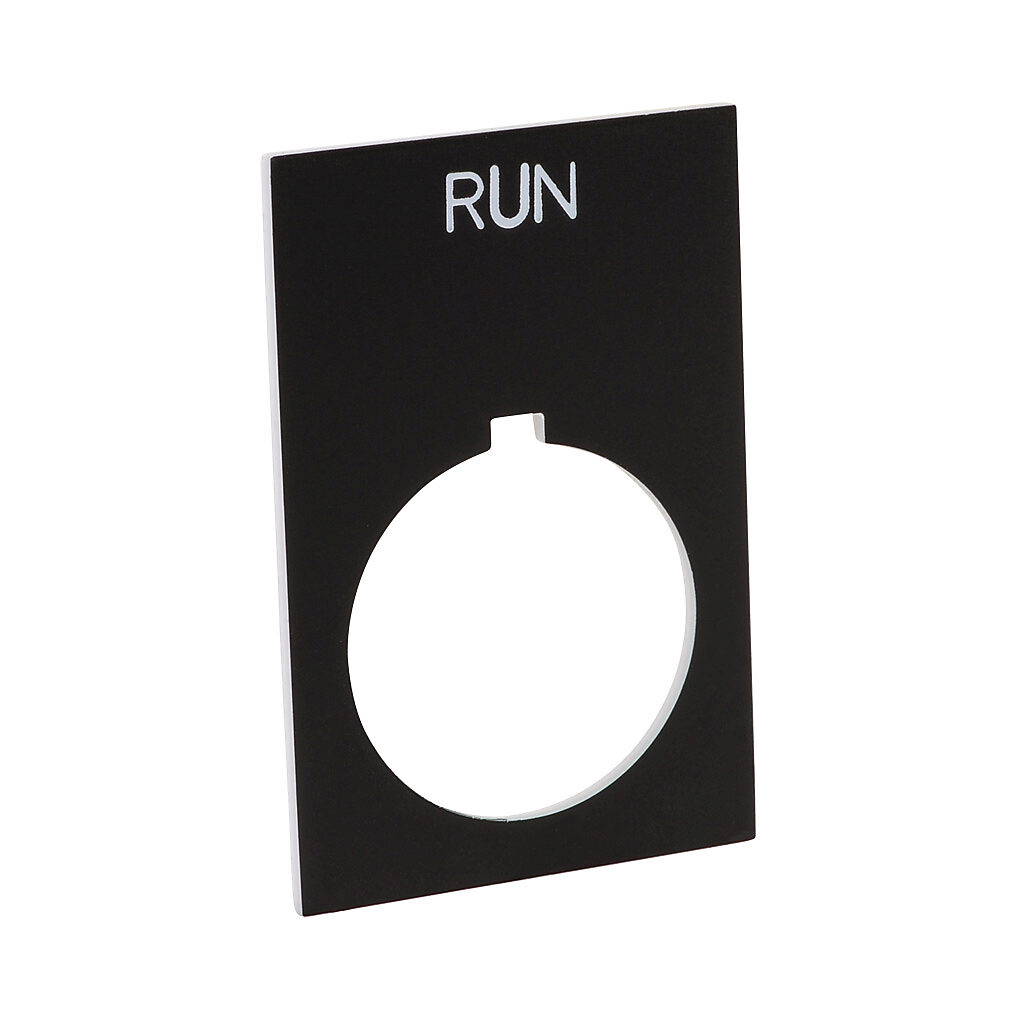 ECX1670-B09 - AutomationDirect legend plate, plastic, rectangular, black field, black background, white engraved text, legend plate marking "RUN". For use with 22mm pilot devices. O-ring included.
