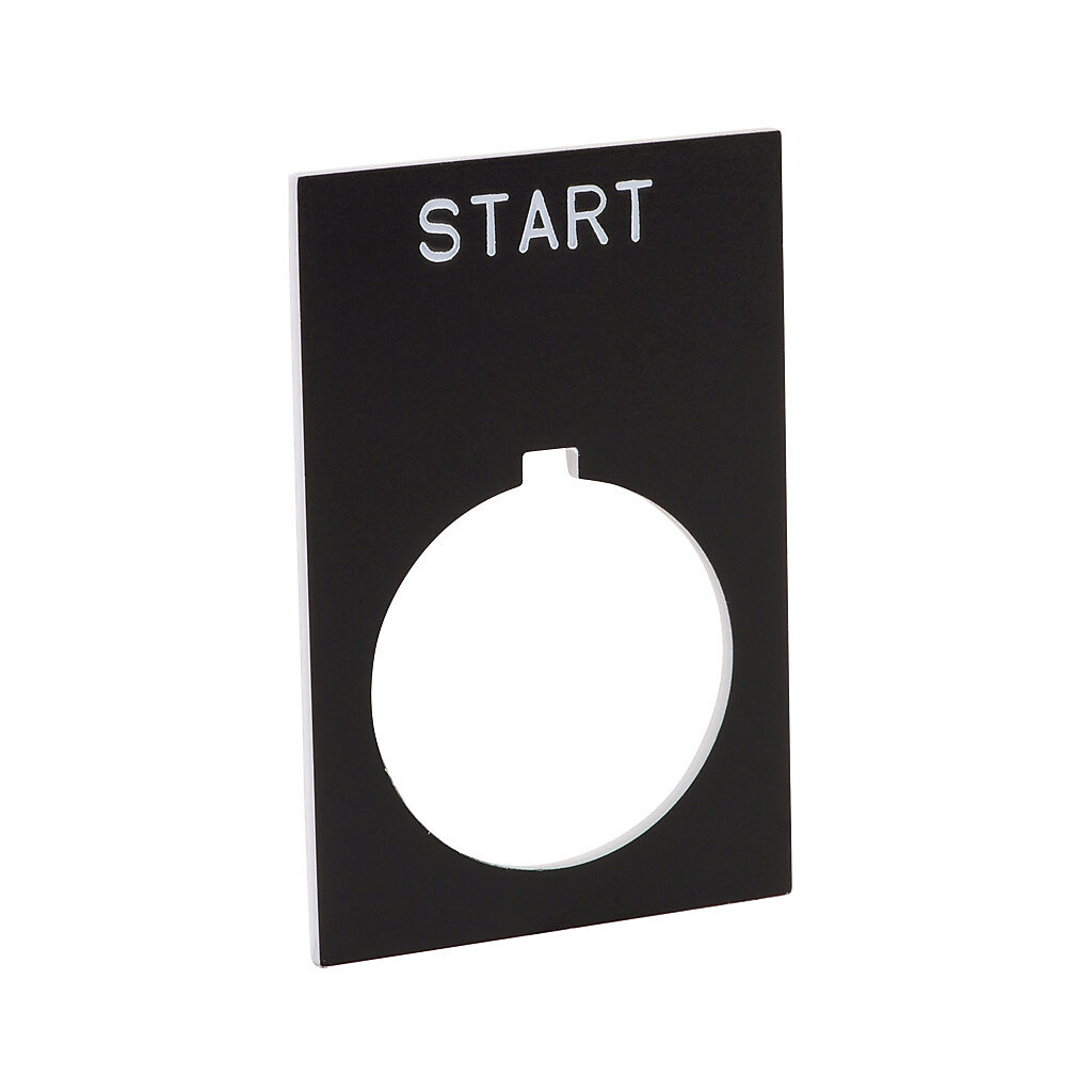 ECX1670-B10 - AutomationDirect legend plate, plastic, rectangular, black field, black background, white engraved text, legend plate marking "START". For use with 22mm pilot devices. O-ring included.