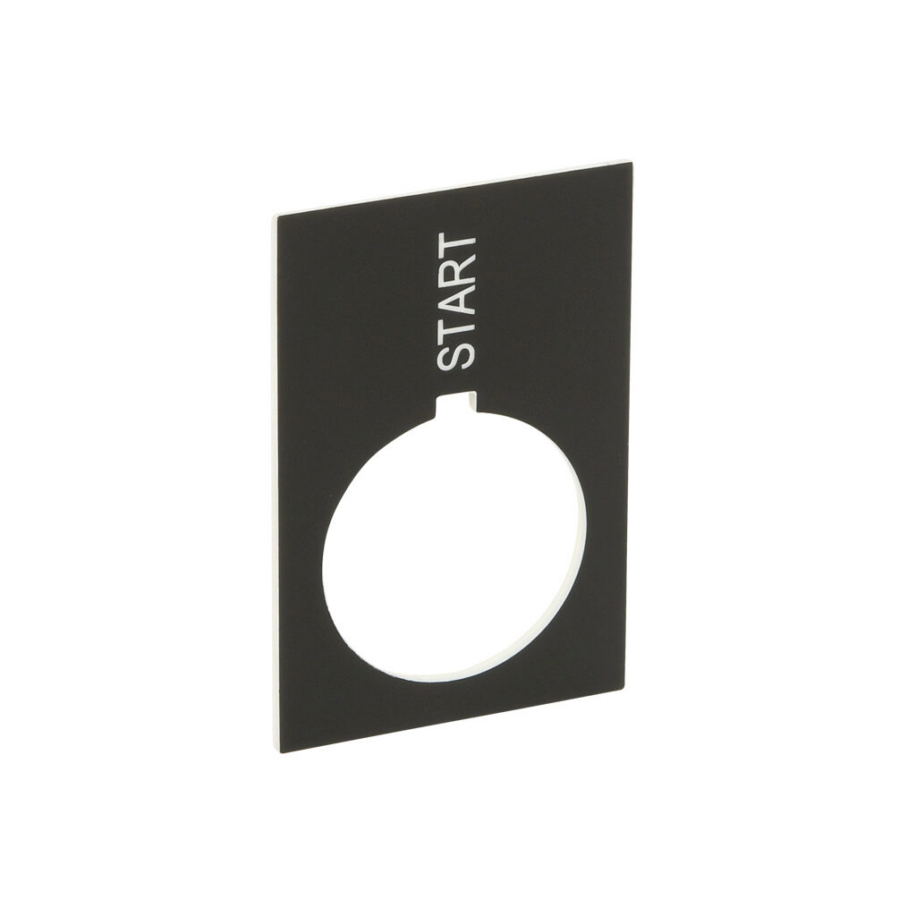 ECX1670-B10-90 - Comepi legend plate, plastic, rectangular, black field, black background, white engraved text, legend plate marking "START". For use with 22mm pilot devices.