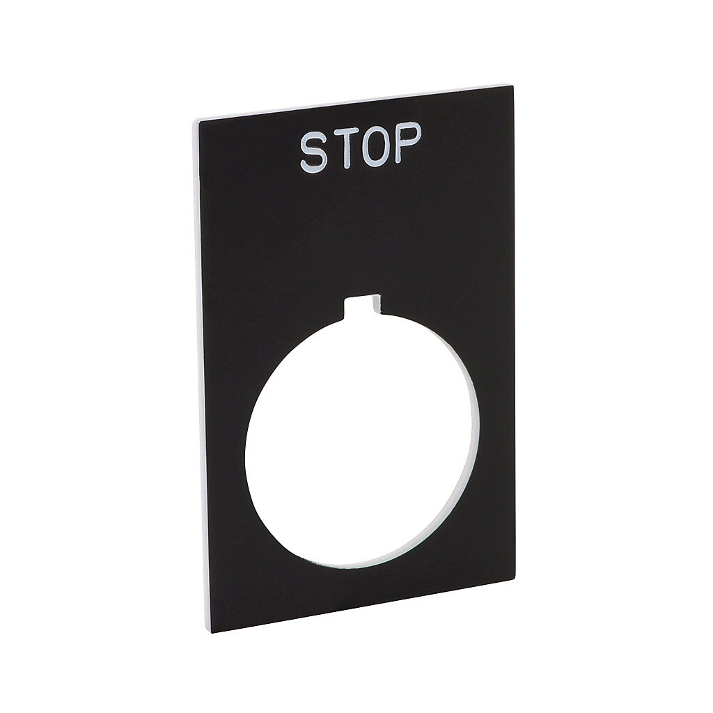 ECX1670-B11 - AutomationDirect legend plate, plastic, rectangular, black field, black background, white engraved text, legend plate marking "STOP". For use with 22mm pilot devices. O-ring included.
