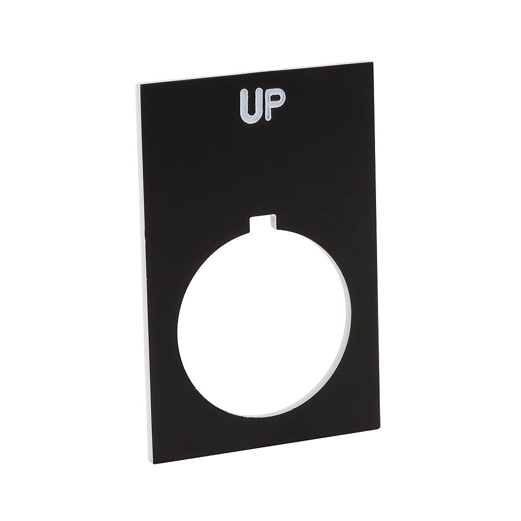 ECX1670-B12 - AutomationDirect legend plate, plastic, rectangular, black field, black background, white engraved text, legend plate marking "UP". For use with 22mm pilot devices. O-ring included.